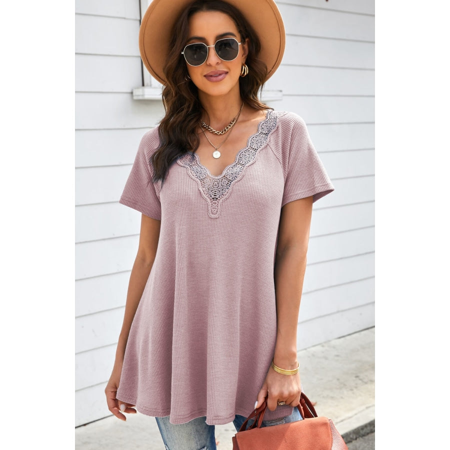 Lace Trim Waffle-Knit V-Neck Top Pink / S