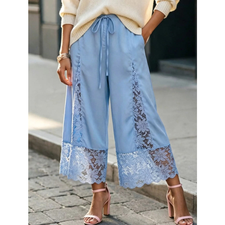 Lace Trim Wide-Leg Cropped Pants Blue / S Apparel and Accessories