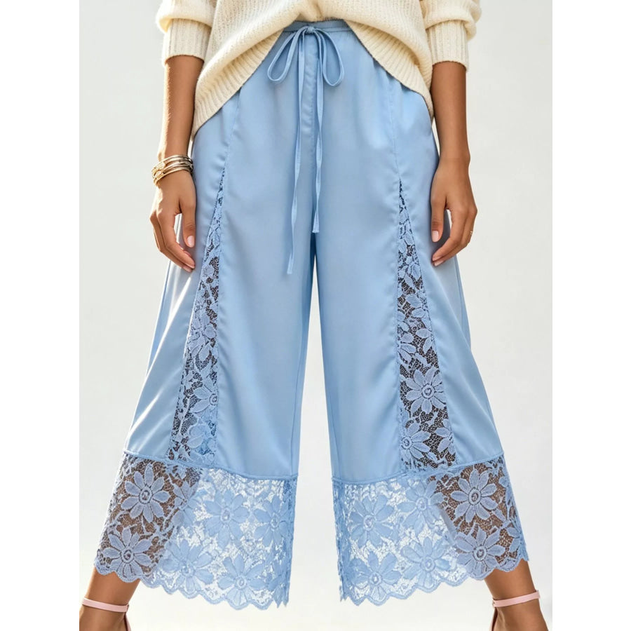 Lace Trim Wide-Leg Cropped Pants Apparel and Accessories