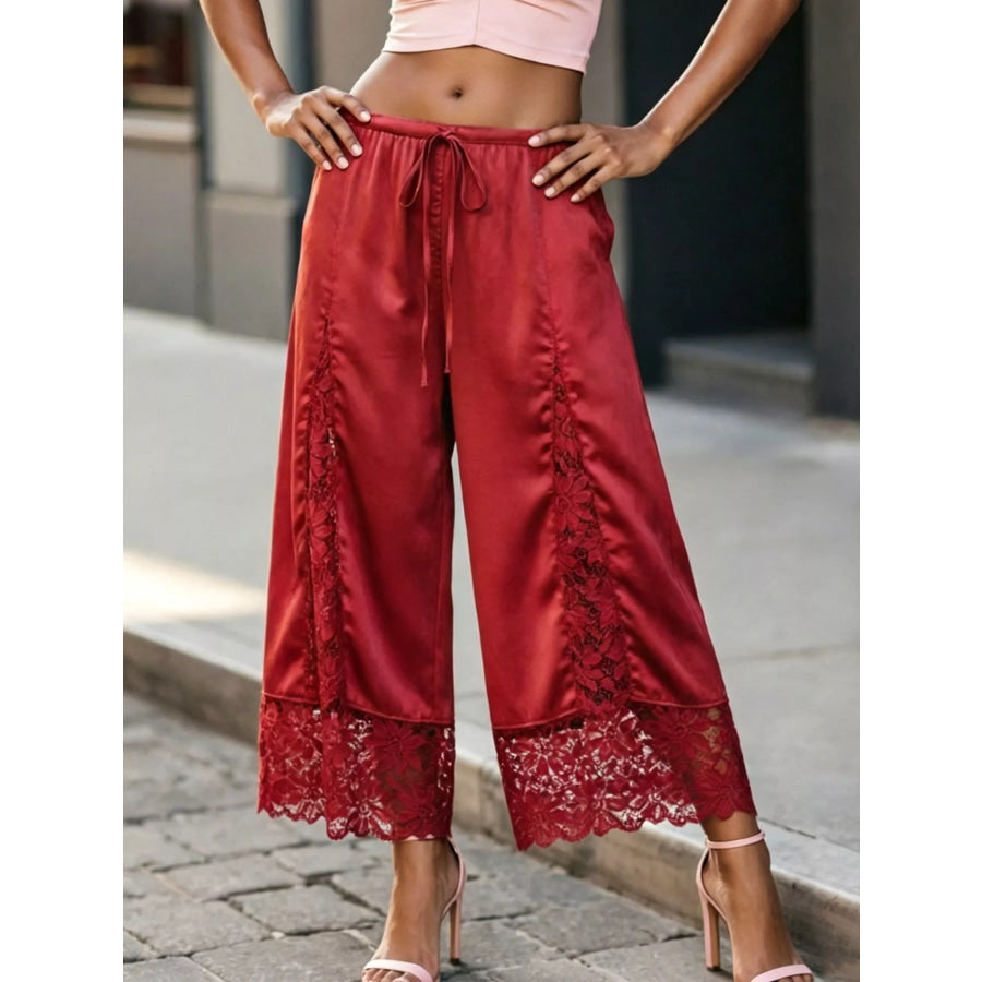 Lace Trim Wide-Leg Cropped Pants Apparel and Accessories