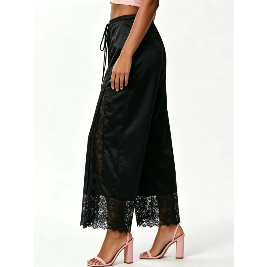 Lace Trim Wide-Leg Cropped Pants Apparel and Accessories