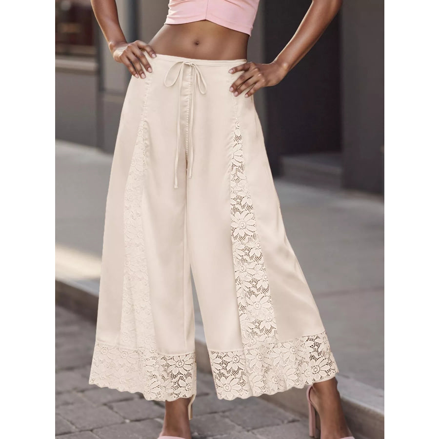 Lace Trim Wide-Leg Cropped Pants Apparel and Accessories