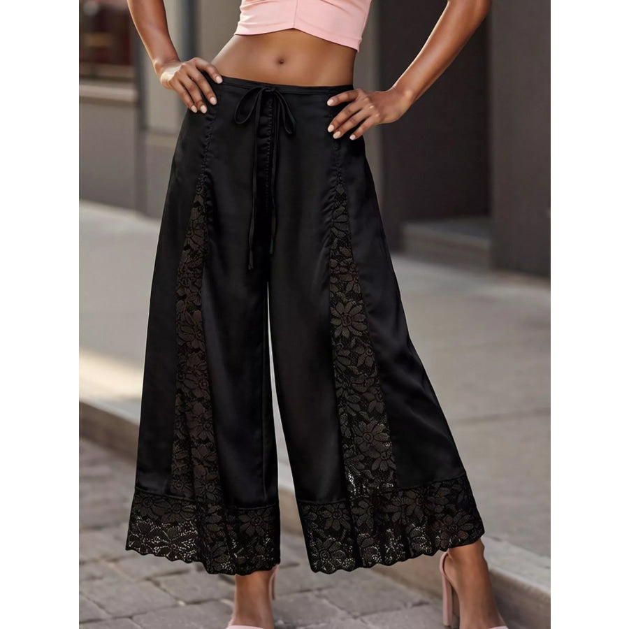Lace Trim Wide-Leg Cropped Pants Black / S Apparel and Accessories