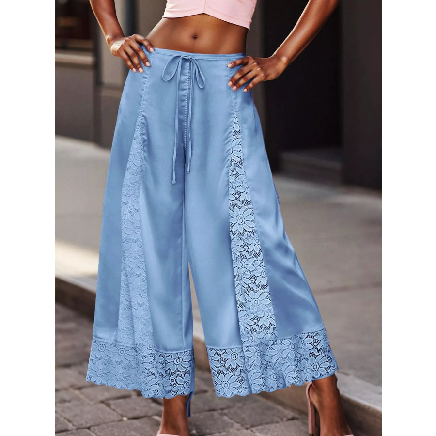 Lace Trim Wide-Leg Cropped Pants Blue / S Apparel and Accessories