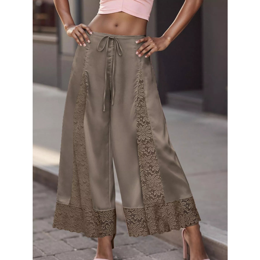 Lace Trim Wide-Leg Cropped Pants Brown / S Apparel and Accessories