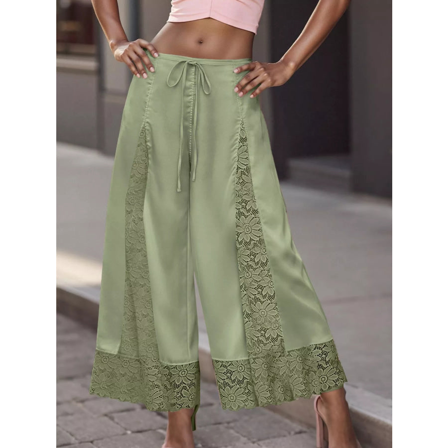 Lace Trim Wide-Leg Cropped Pants Green / S Apparel and Accessories