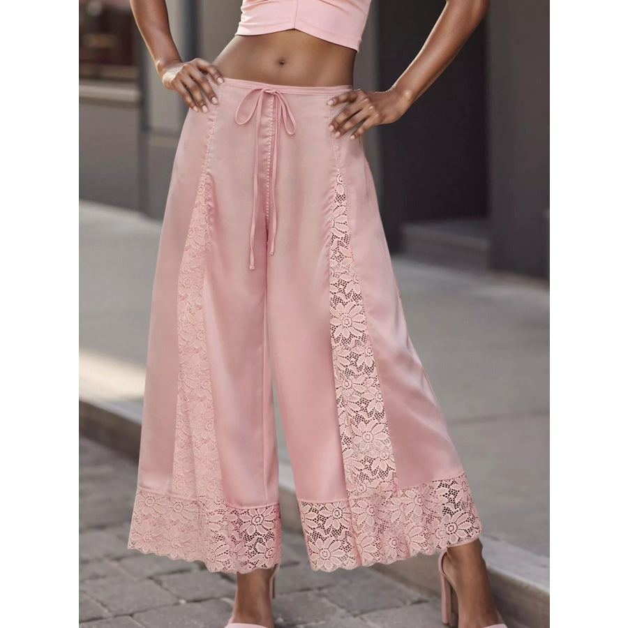 Lace Trim Wide-Leg Cropped Pants Pink / S Apparel and Accessories