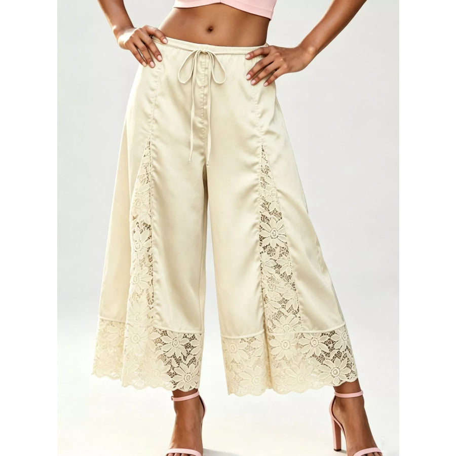 Lace Trim Wide-Leg Cropped Pants Yellow / S Apparel and Accessories
