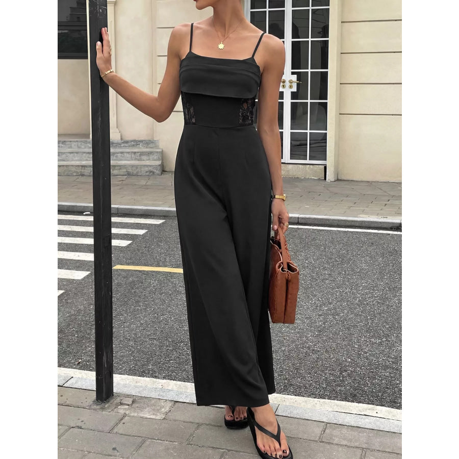 Lace Trim Wide Leg Jumpsuit Black / S Apparel and Accessories