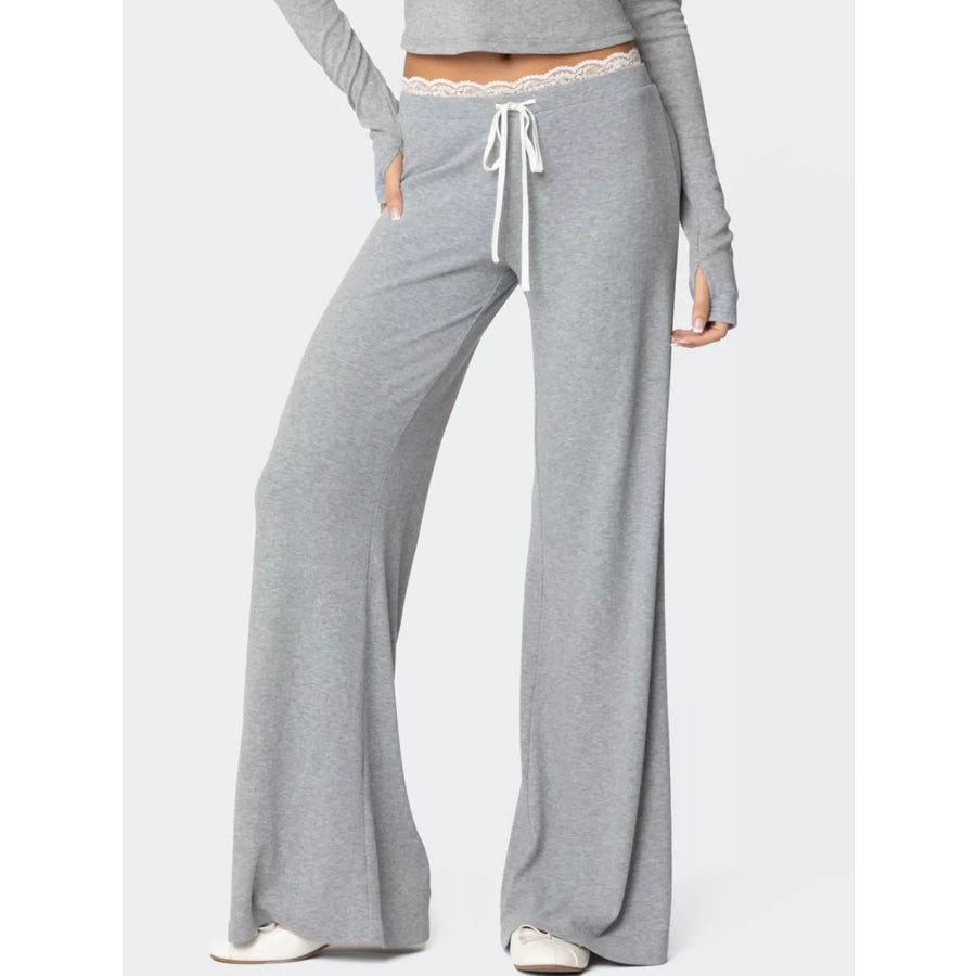 Lace Trim Wide Leg Pants Grey / S Apparel and Accessories