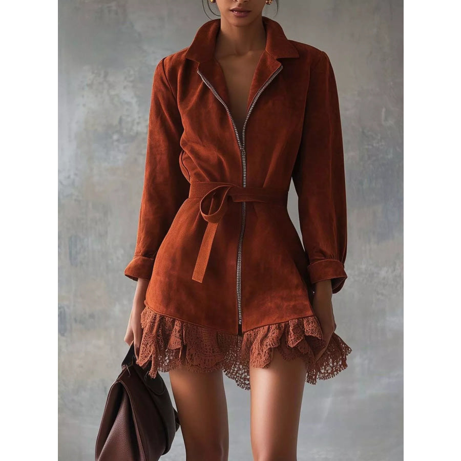 Lace-Trim Zip Front Dress Red / S Apparel and Accessories