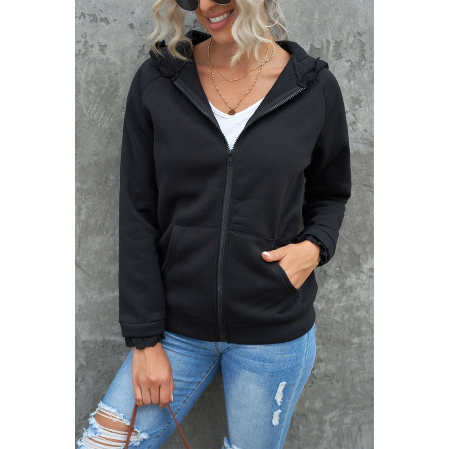 Lace Trim Zip-Up Hooded Jacket Black / S