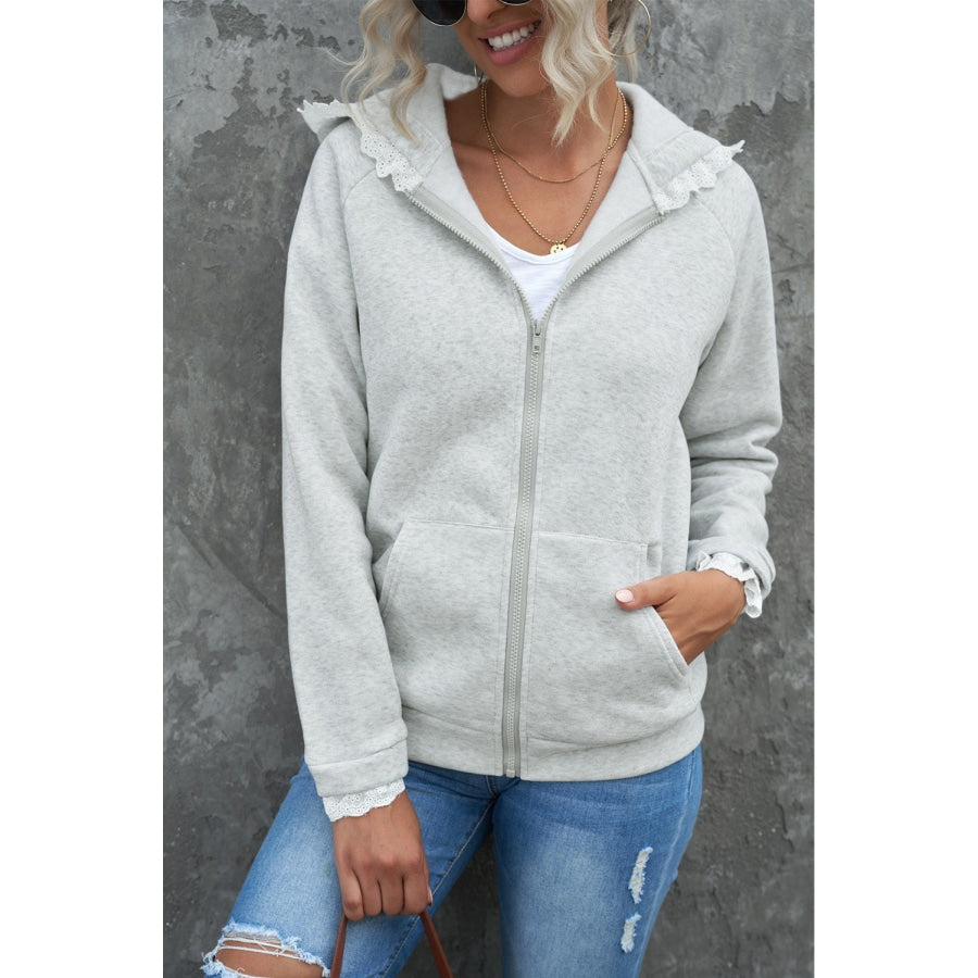 Lace Trim Zip-Up Hooded Jacket White / S