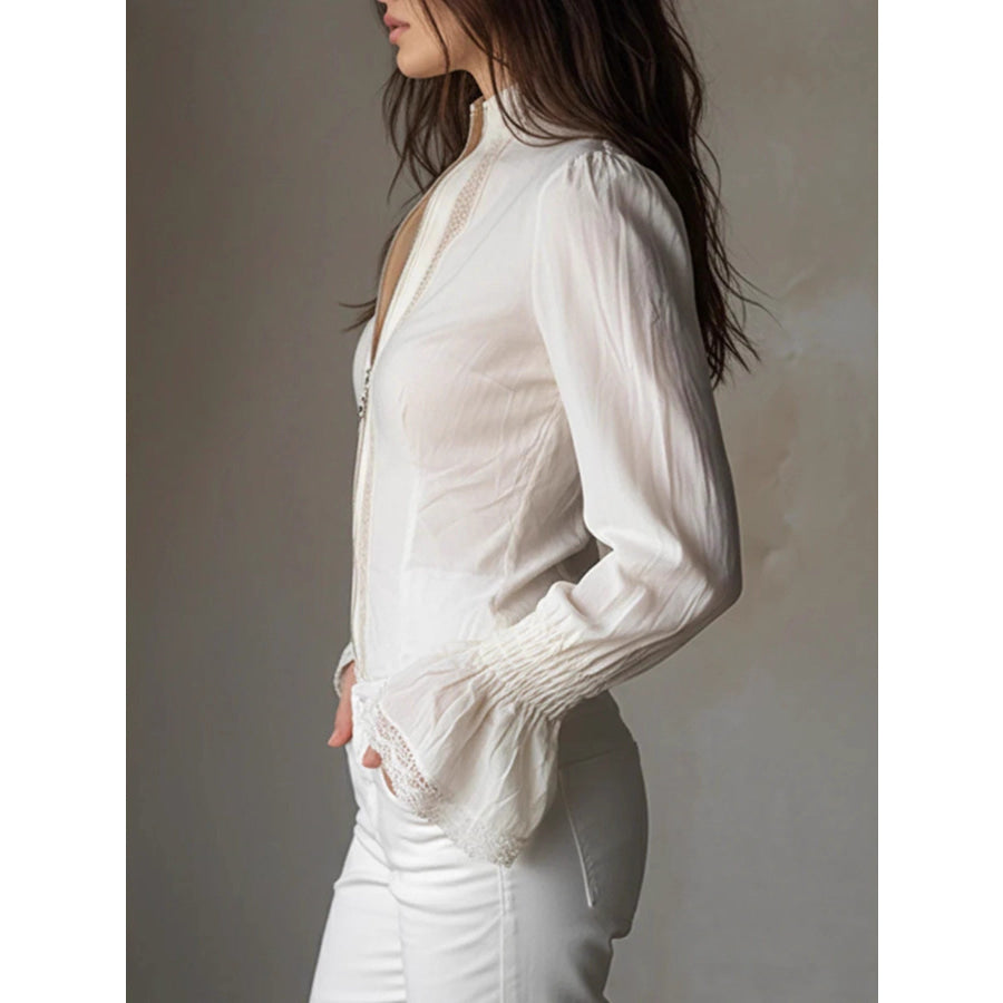 Lace Trim Zip-Up Shirt Apparel and Accessories