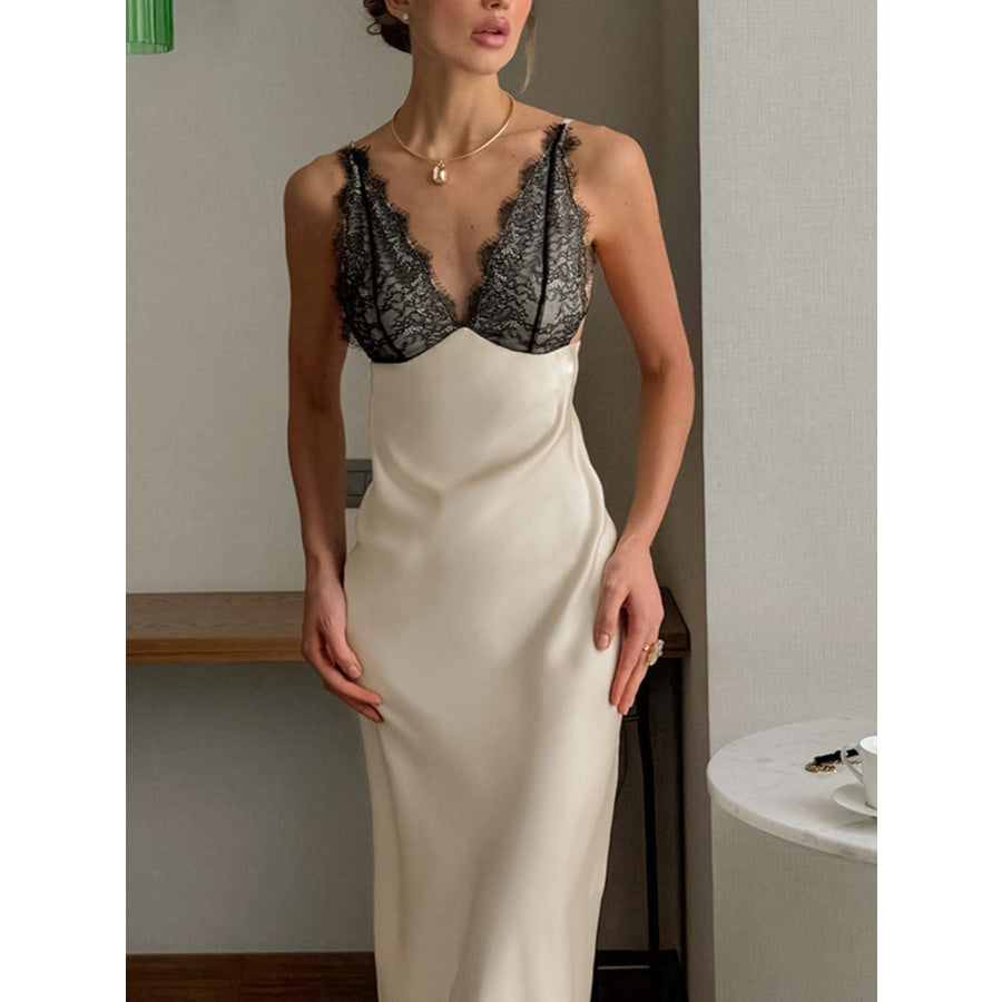 Lace Trimmed Adjustable Strap Midi Dress Beige / S Apparel and Accessories