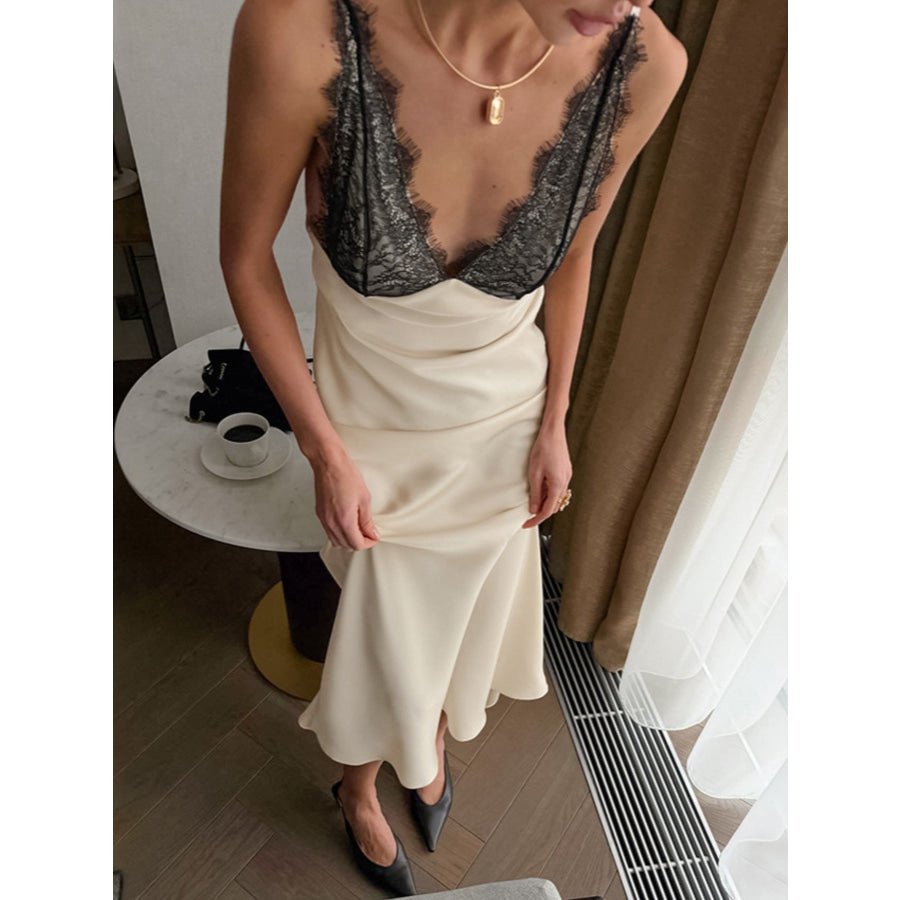 Lace Trimmed Adjustable Strap Midi Dress Beige / S Apparel and Accessories