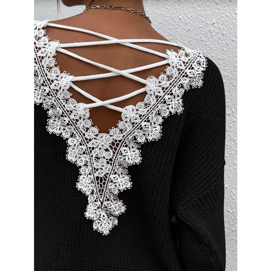 Lace-Trimmed Back V-Neck Sweater Apparel and Accessories