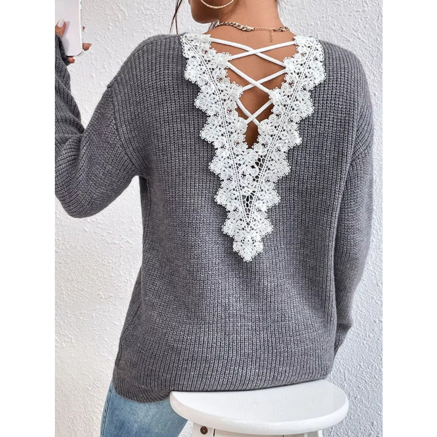 Lace-Trimmed Back V-Neck Sweater Apparel and Accessories