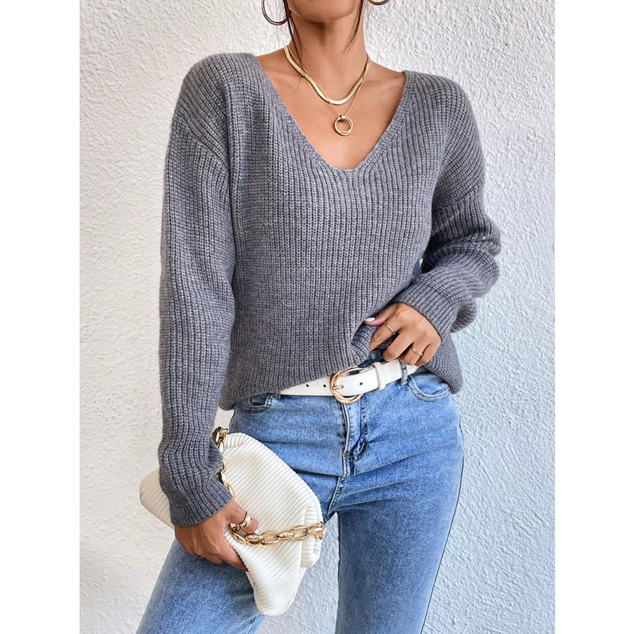 Lace-Trimmed Back V-Neck Sweater Apparel and Accessories