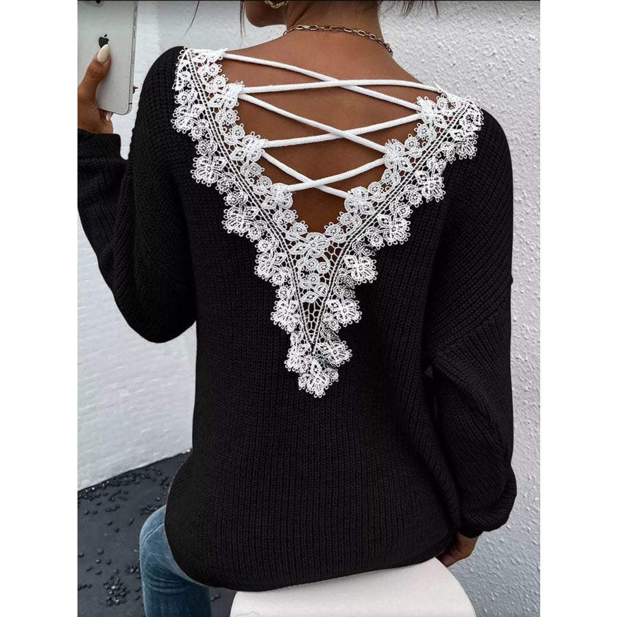 Lace-Trimmed Back V-Neck Sweater Black / S Apparel and Accessories
