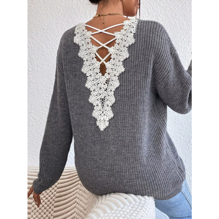 Lace-Trimmed Back V-Neck Sweater Gray / S Apparel and Accessories