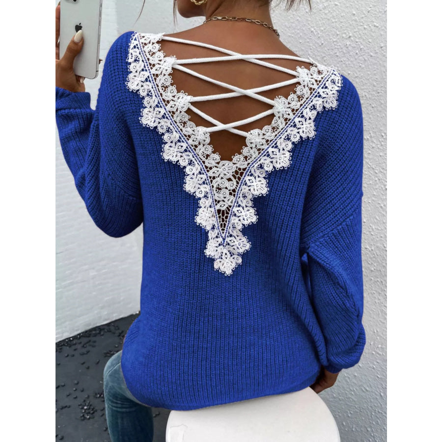 Lace-Trimmed Back V-Neck Sweater Royal Blue / S Apparel and Accessories