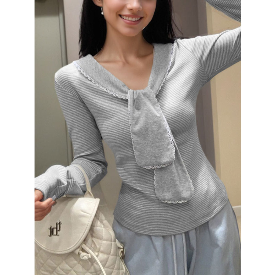 Lace-Trimmed Bowknot Long Sleeve T-Shirt Apparel and Accessories