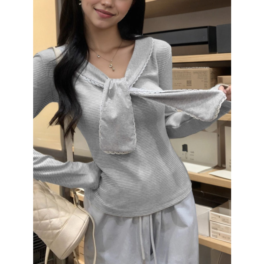 Lace-Trimmed Bowknot Long Sleeve T-Shirt Apparel and Accessories