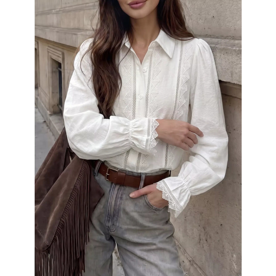 Lace-Trimmed Button-Down Shirt White / S Apparel and Accessories