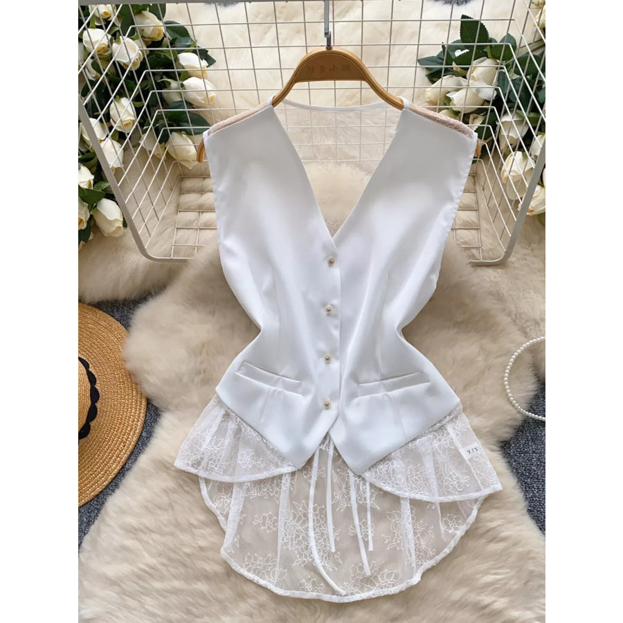 Lace Trimmed Button-Down Vest Coat White / One Size Apparel and Accessories