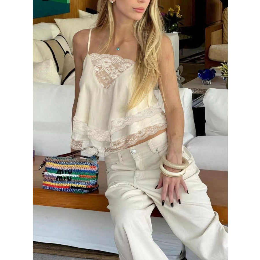 Lace Trimmed Flowy Cami Cream / S Apparel and Accessories