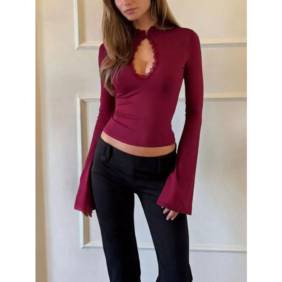 Lace-Trimmed Keyhole Long Sleeve T-Shirt Red / S Apparel and Accessories