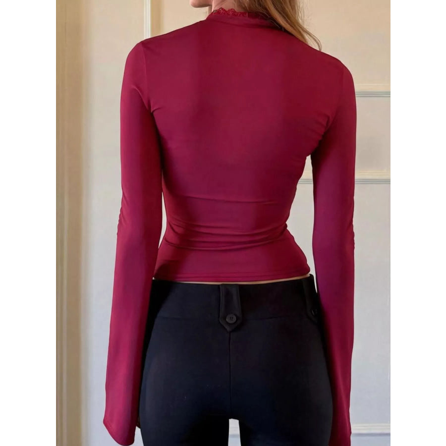 Lace-Trimmed Keyhole Long Sleeve T-Shirt Apparel and Accessories