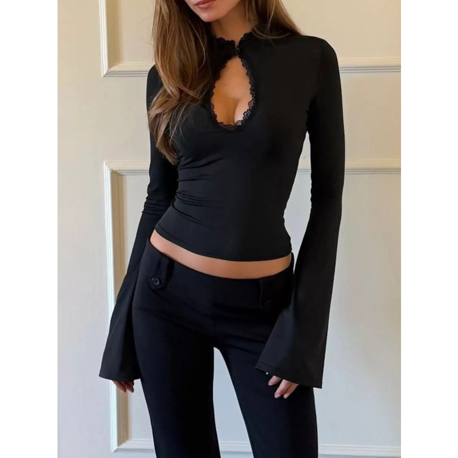 Lace-Trimmed Keyhole Long Sleeve T-Shirt Apparel and Accessories