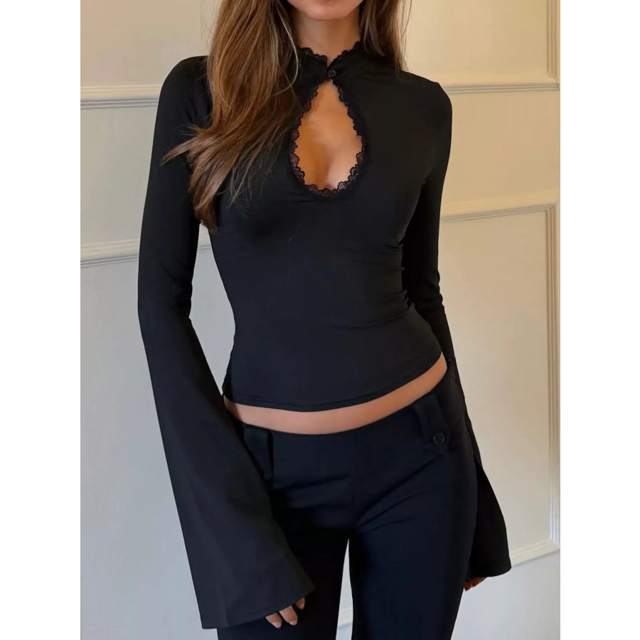 Lace-Trimmed Keyhole Long Sleeve T-Shirt Apparel and Accessories