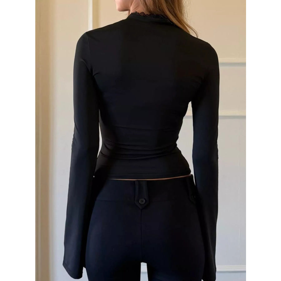 Lace-Trimmed Keyhole Long Sleeve T-Shirt Apparel and Accessories