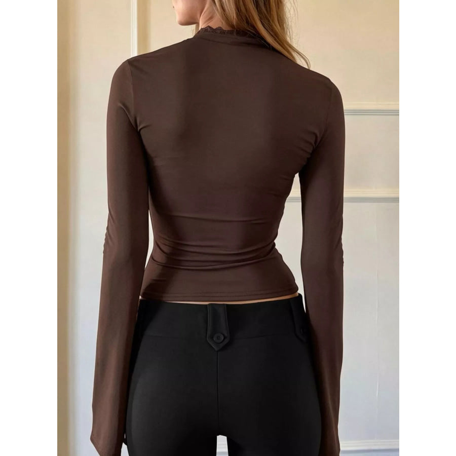 Lace-Trimmed Keyhole Long Sleeve T-Shirt Apparel and Accessories