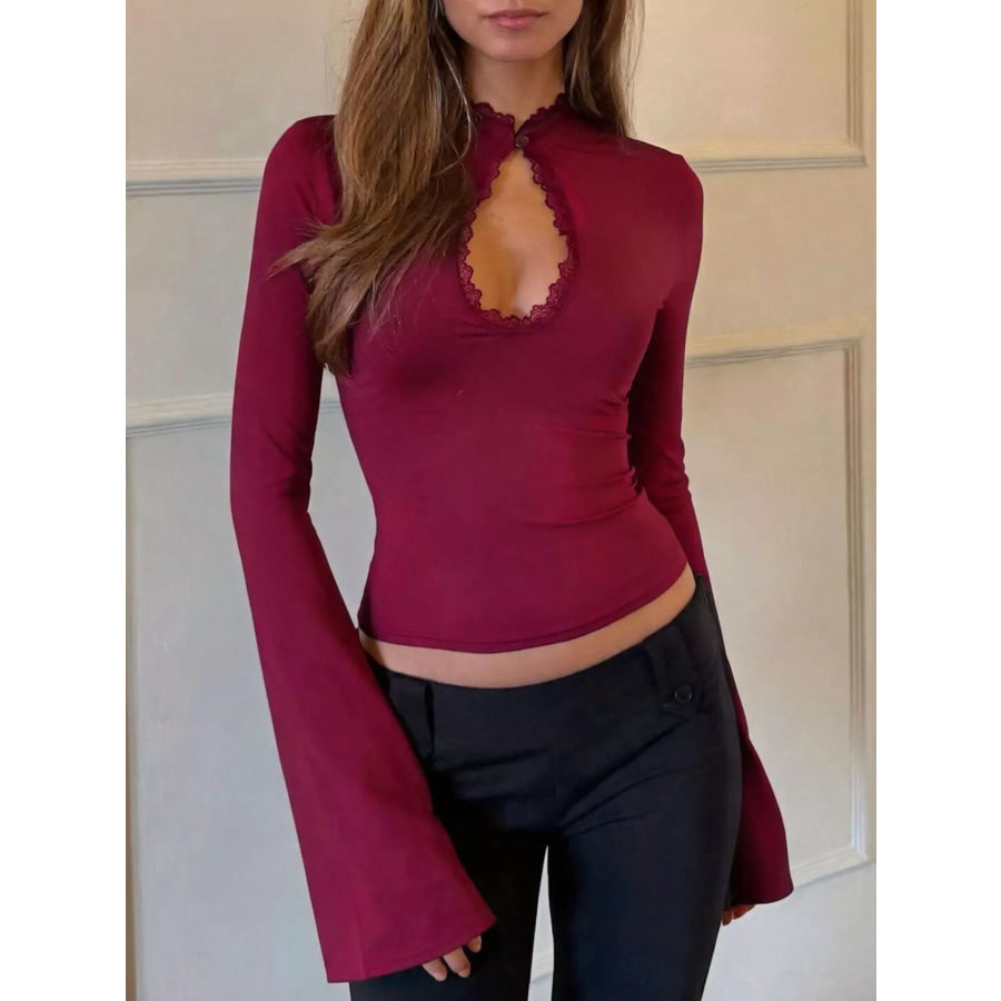 Lace-Trimmed Keyhole Long Sleeve T-Shirt Red / S Apparel and Accessories