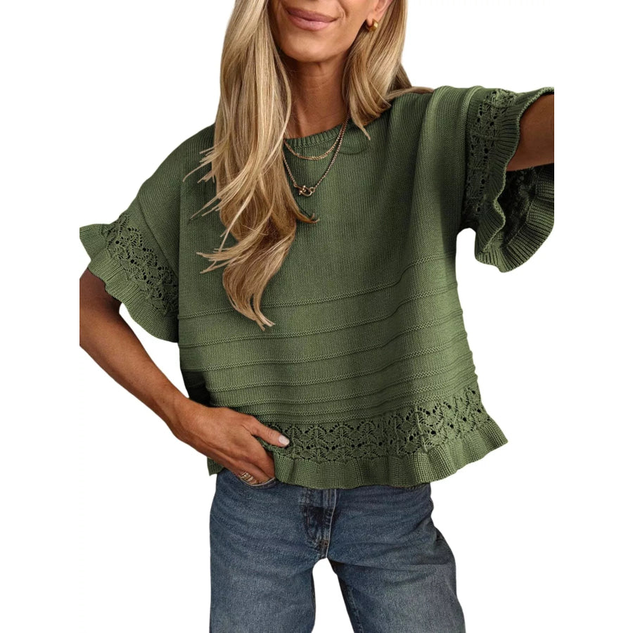 Lace Trimmed Knit Top Army Green / S Apparel and Accessories