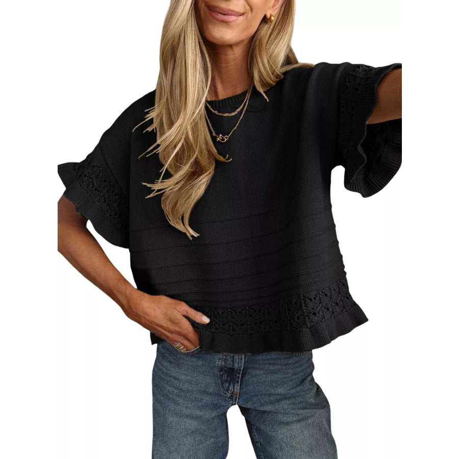 Lace Trimmed Knit Top Black / S Apparel and Accessories