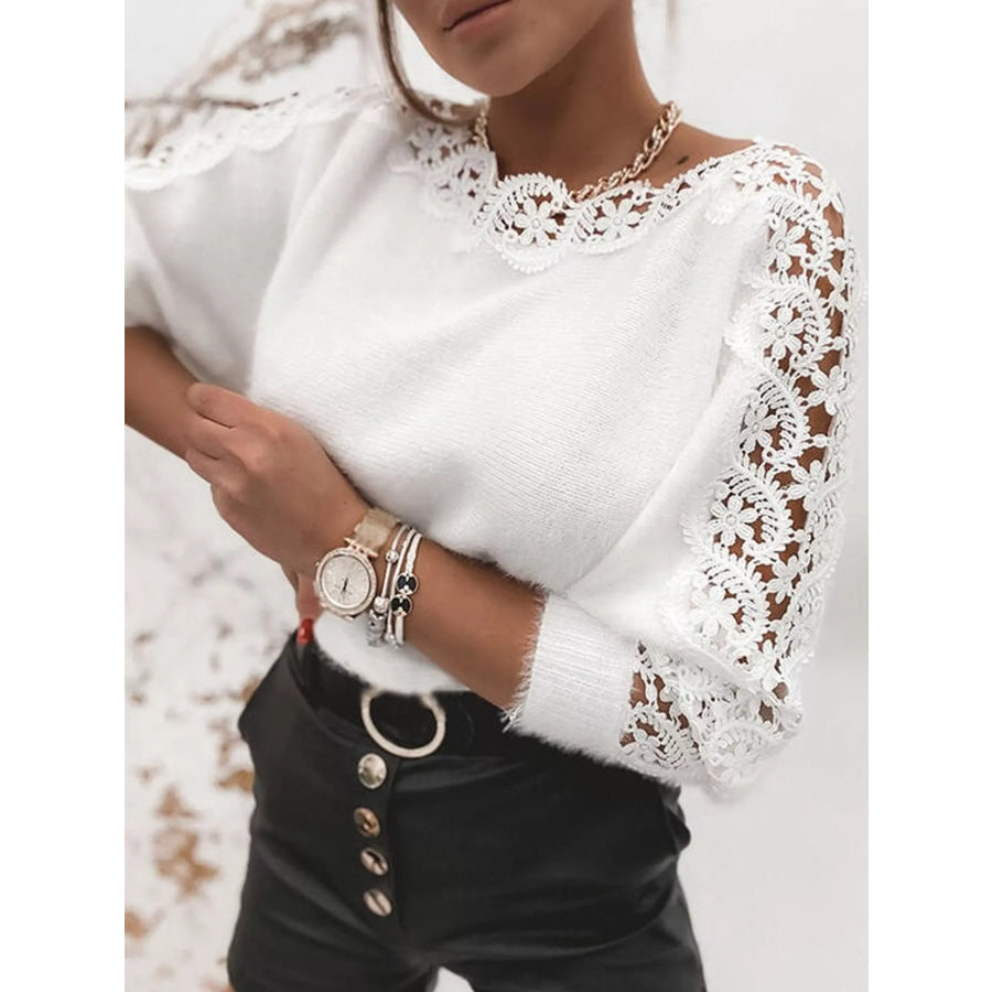 Lace-Trimmed Long Sleeve Sweater White / S Apparel and Accessories
