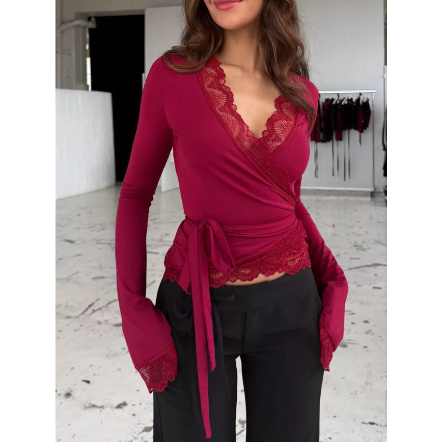 Lace-Trimmed Long Sleeve Wrap T-Shirt Apparel and Accessories