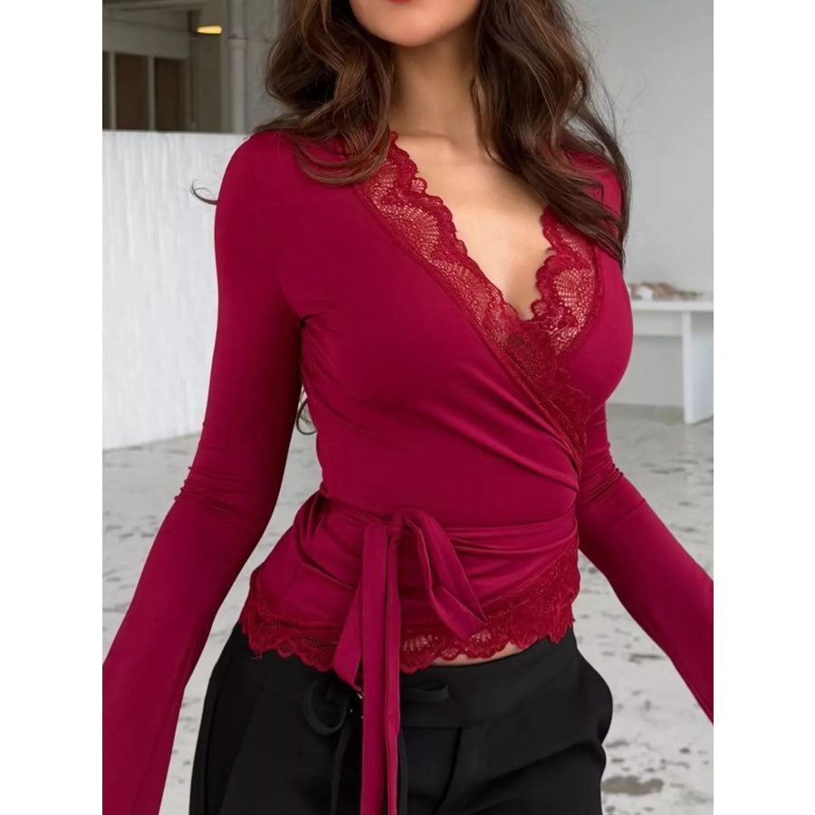 Lace-Trimmed Long Sleeve Wrap T-Shirt Apparel and Accessories