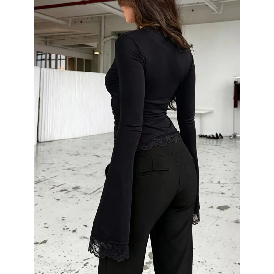 Lace-Trimmed Long Sleeve Wrap T-Shirt Apparel and Accessories