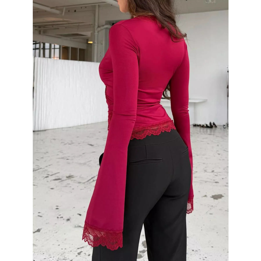Lace-Trimmed Long Sleeve Wrap T-Shirt Apparel and Accessories