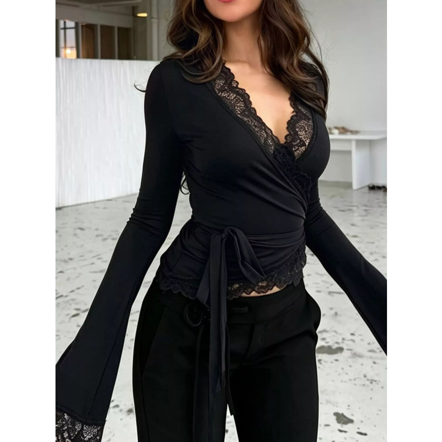 Lace-Trimmed Long Sleeve Wrap T-Shirt Apparel and Accessories