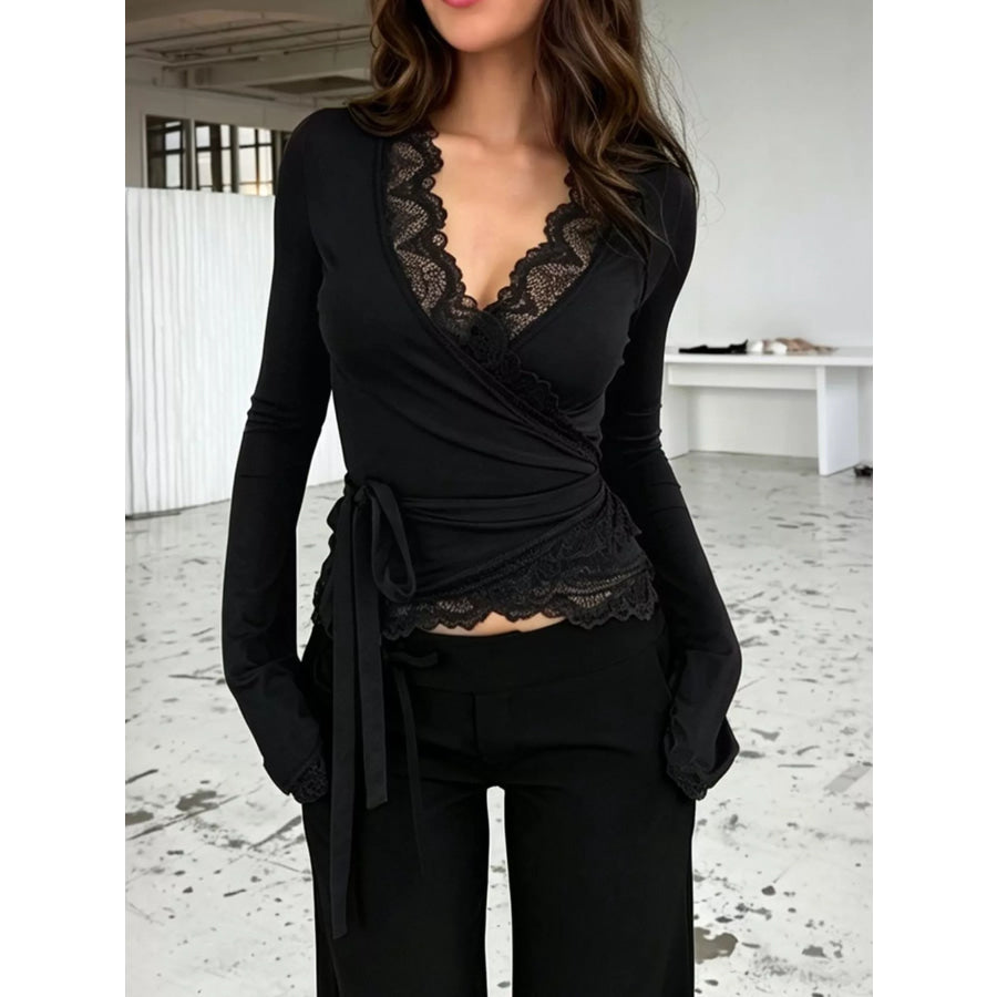 Lace-Trimmed Long Sleeve Wrap T-Shirt Apparel and Accessories