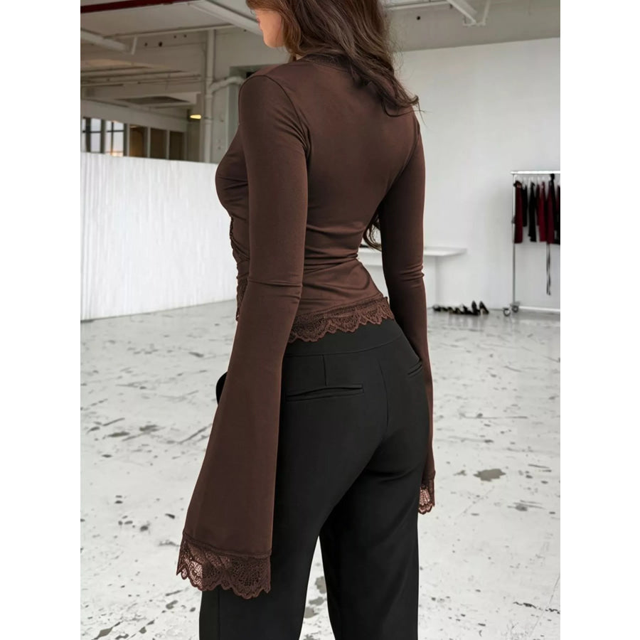 Lace-Trimmed Long Sleeve Wrap T-Shirt Apparel and Accessories