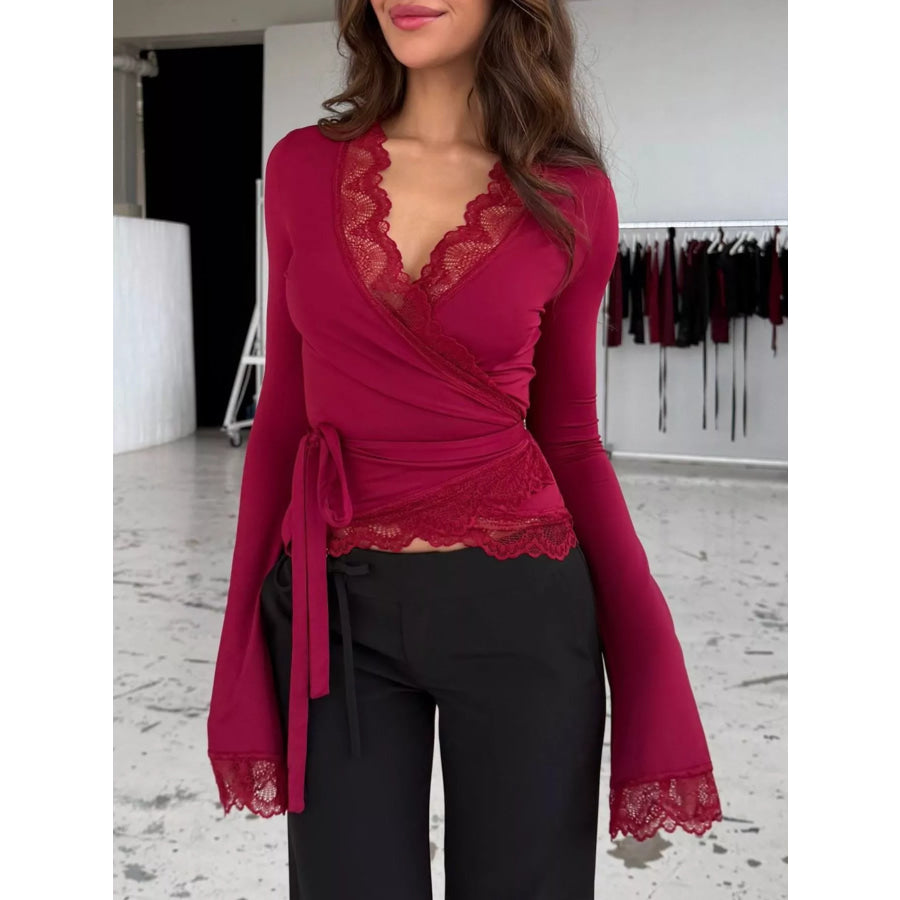 Lace-Trimmed Long Sleeve Wrap T-Shirt Apparel and Accessories