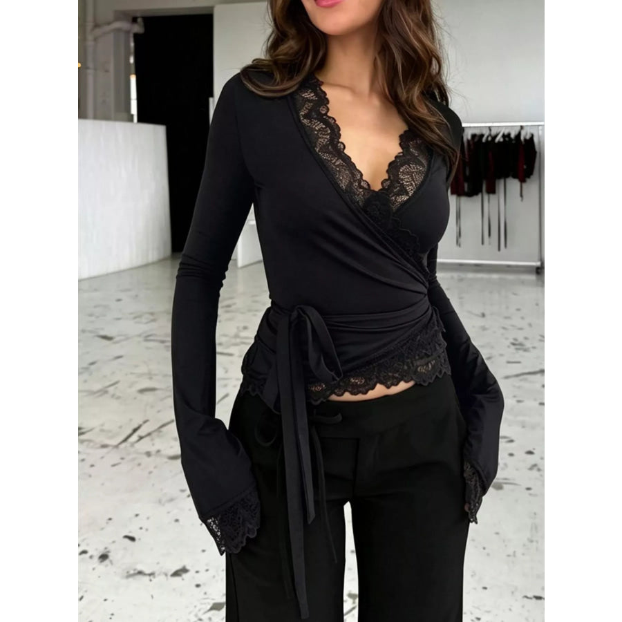 Lace-Trimmed Long Sleeve Wrap T-Shirt Apparel and Accessories